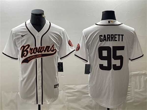 Mens Cleveland Browns #95 Myles Garrett White With Patch Cool Base Stitched Baseball Jersey->cleveland browns->NFL Jersey